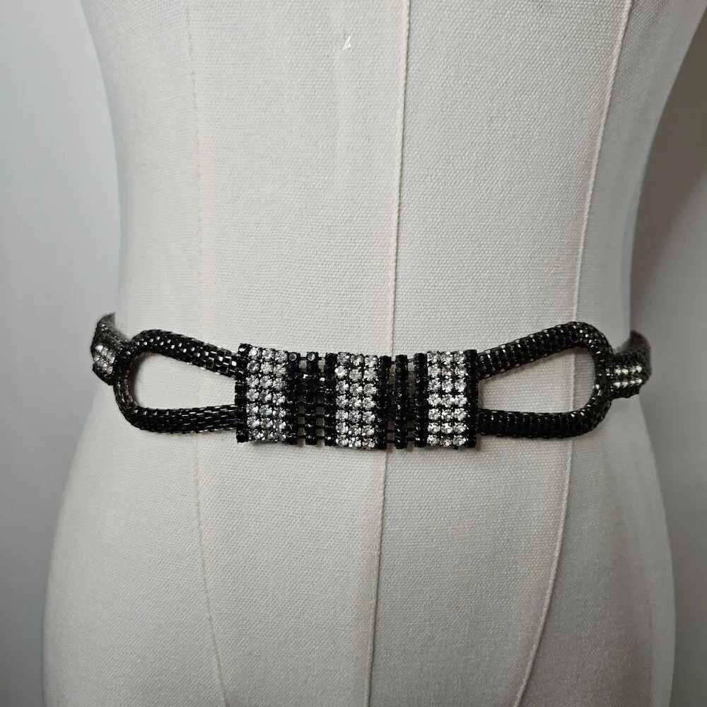 Luxury Dressy OS Black & Silver Crystal Rhinestone Beaded Chain Rope Belt